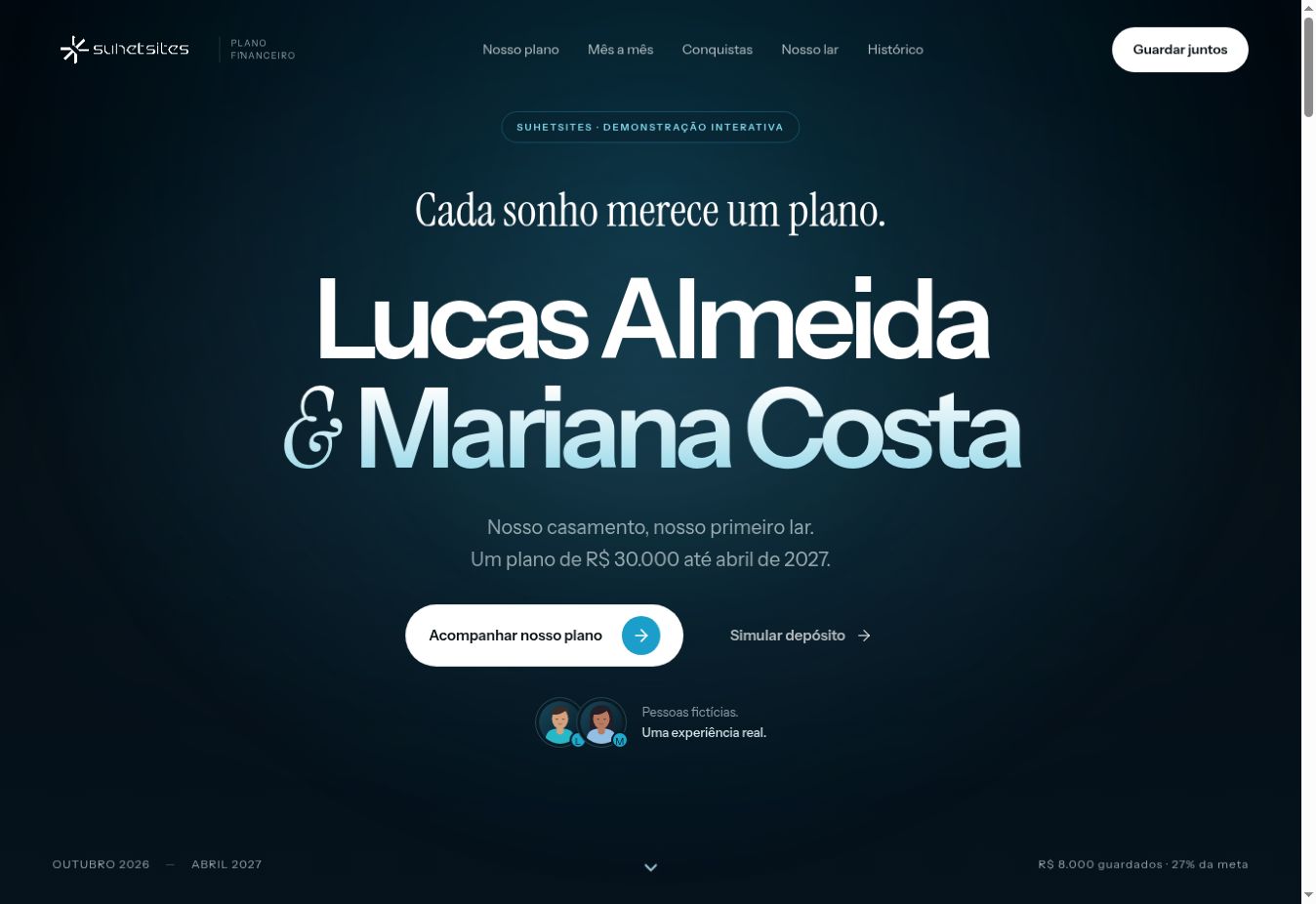 Página inicial completa da demonstração Plano Financeiro com Lucas e Mariana, personagens fictícios
